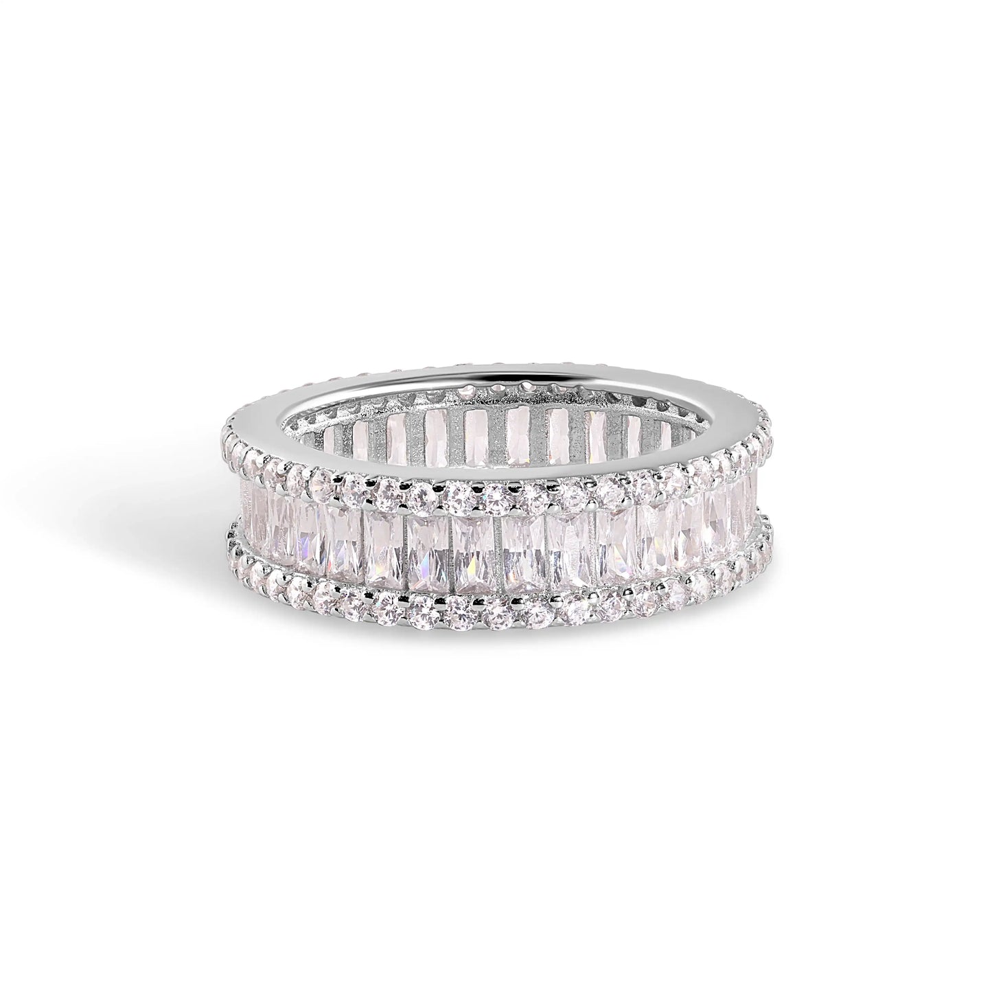 925 Sterling Silver Nickel Free Rhodium Plated Eternity Baguette and Round Clear CZ Ring