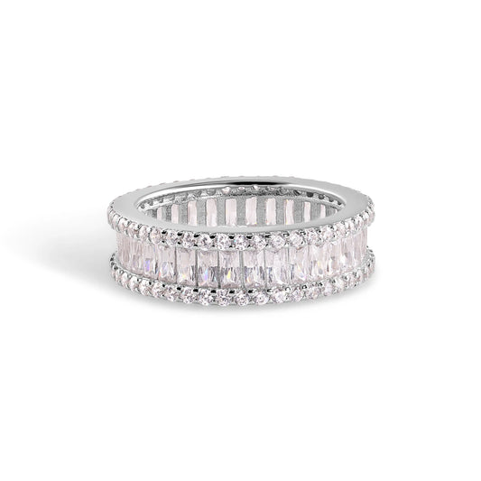 925 Sterling Silver Nickel Free Rhodium Plated Eternity Baguette and Round Clear CZ Ring