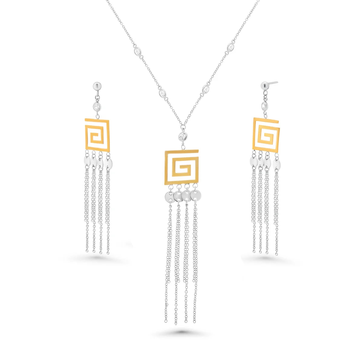925 Sterling Silver Clearance-Gold & Rhodium plated Greek Key Multi Strand Dangle Earring and Pendant set