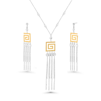 925 Sterling Silver Clearance-Gold & Rhodium plated Greek Key Multi Strand Dangle Earring and Pendant set