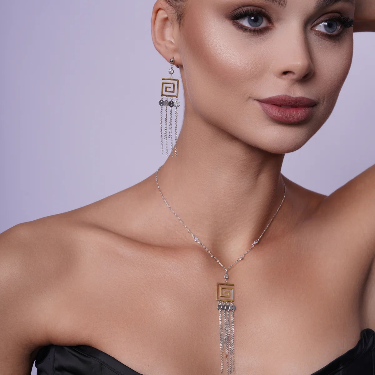 925 Sterling Silver Clearance-Gold & Rhodium plated Greek Key Multi Strand Dangle Earring and Pendant set