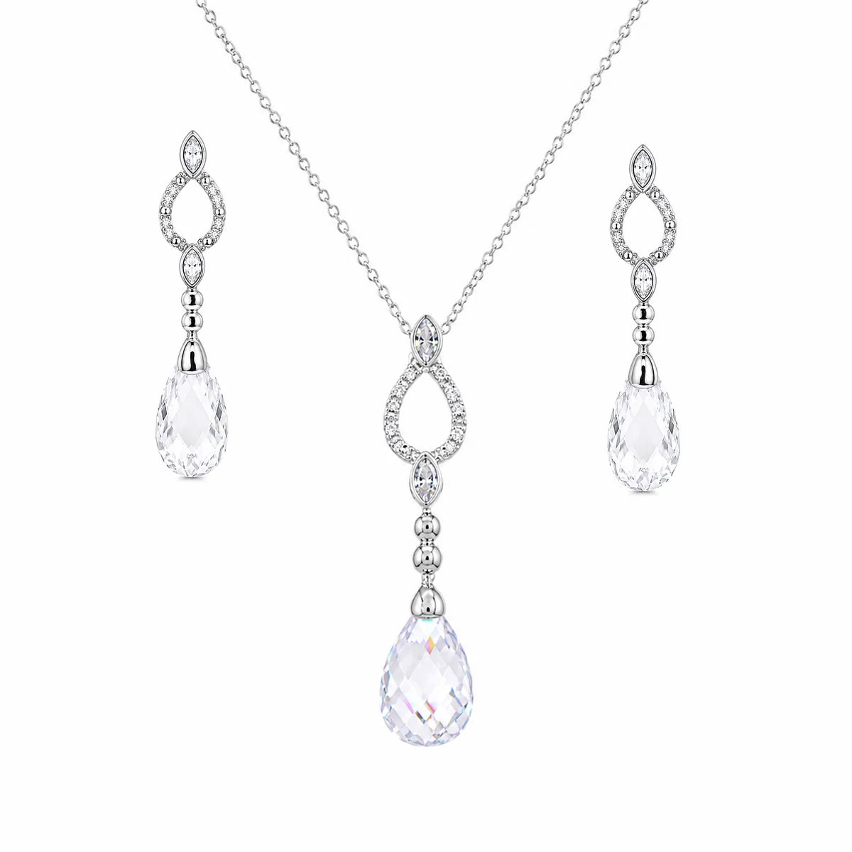 925 Silver Rhodium Plated Open Teardrop CZ Dangling Stud Earring and Necklace Bridal Set