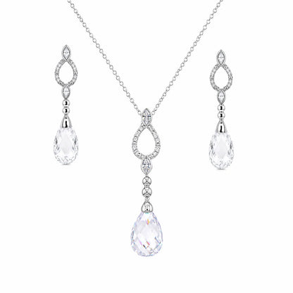 925 Silver Rhodium Plated Open Teardrop CZ Dangling Stud Earring and Necklace Bridal Set
