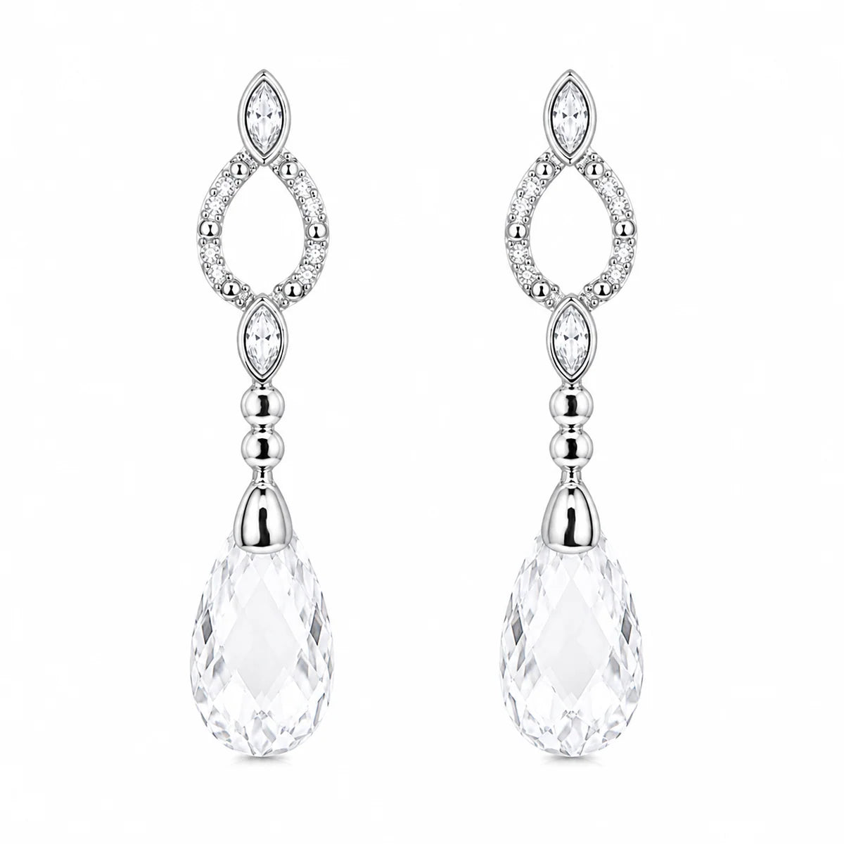 925 Silver Rhodium Plated Open Teardrop CZ Dangling Stud Earring and Necklace Bridal Set