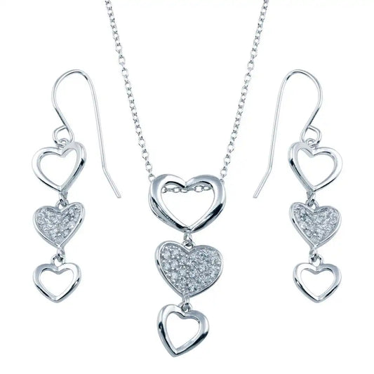 925 Sterling Silver Rhodium Plated Multiple Graduated Open and Closed Heart CZ Hook Earring and Necklace Set