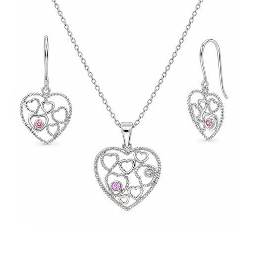 925 Sterling Silver Clearance-Rhodium Plated Open Multi Heart Pink CZ Earring and Necklace Set