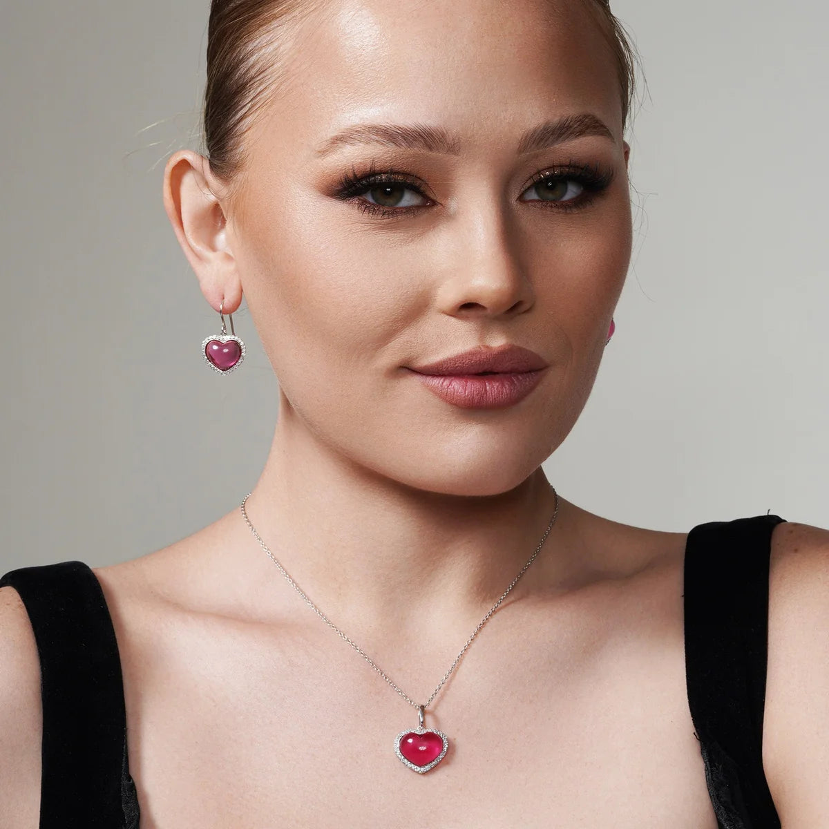 925 Silver Clearance-Rhodium Plated Heart Pink CZ Hoop Set
