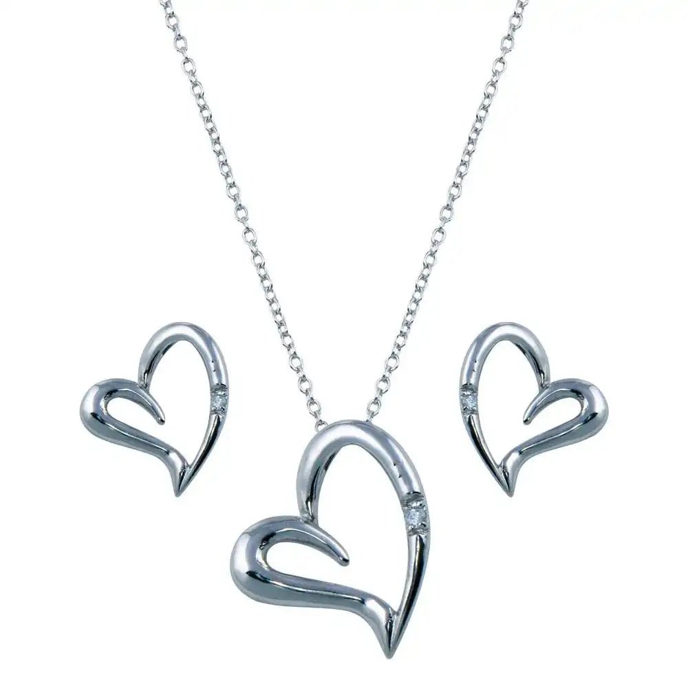 925 Sterling Silver Rhodium Plated Open Heart CZ Stud Earring and Necklace Set