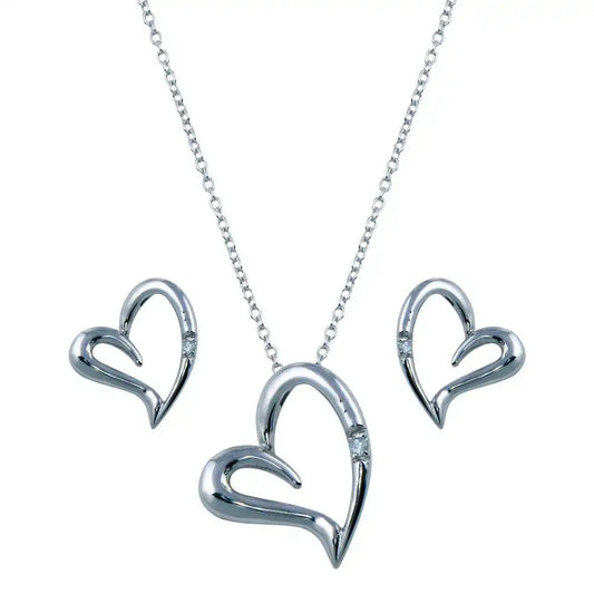 925 Sterling Silver Rhodium Plated Open Heart CZ Stud Earring and Necklace Set