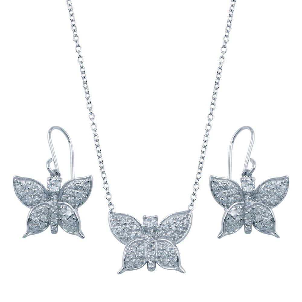 925 Sterling Silver Rhodium Plated Butterfly CZ Hook Earring and Necklace Set