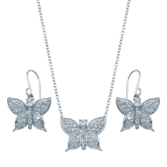 925 Sterling Silver Rhodium Plated Butterfly CZ Hook Earring and Necklace Set