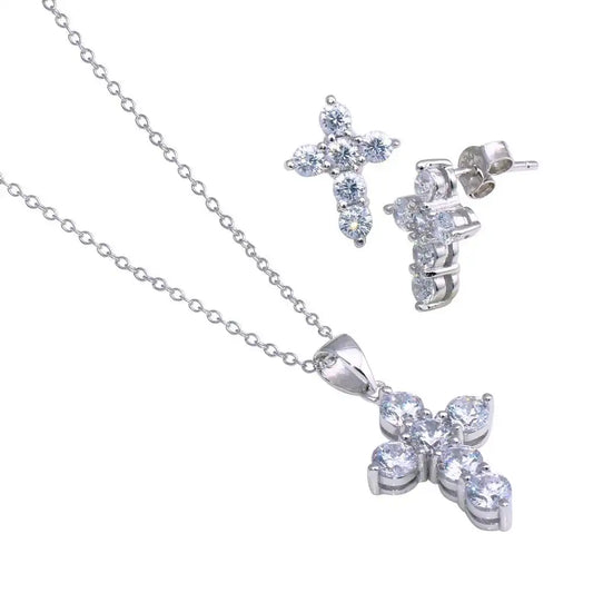 925 Sterling Silver Rhodium Plated Cross CZ Stud Earring and Necklace Set