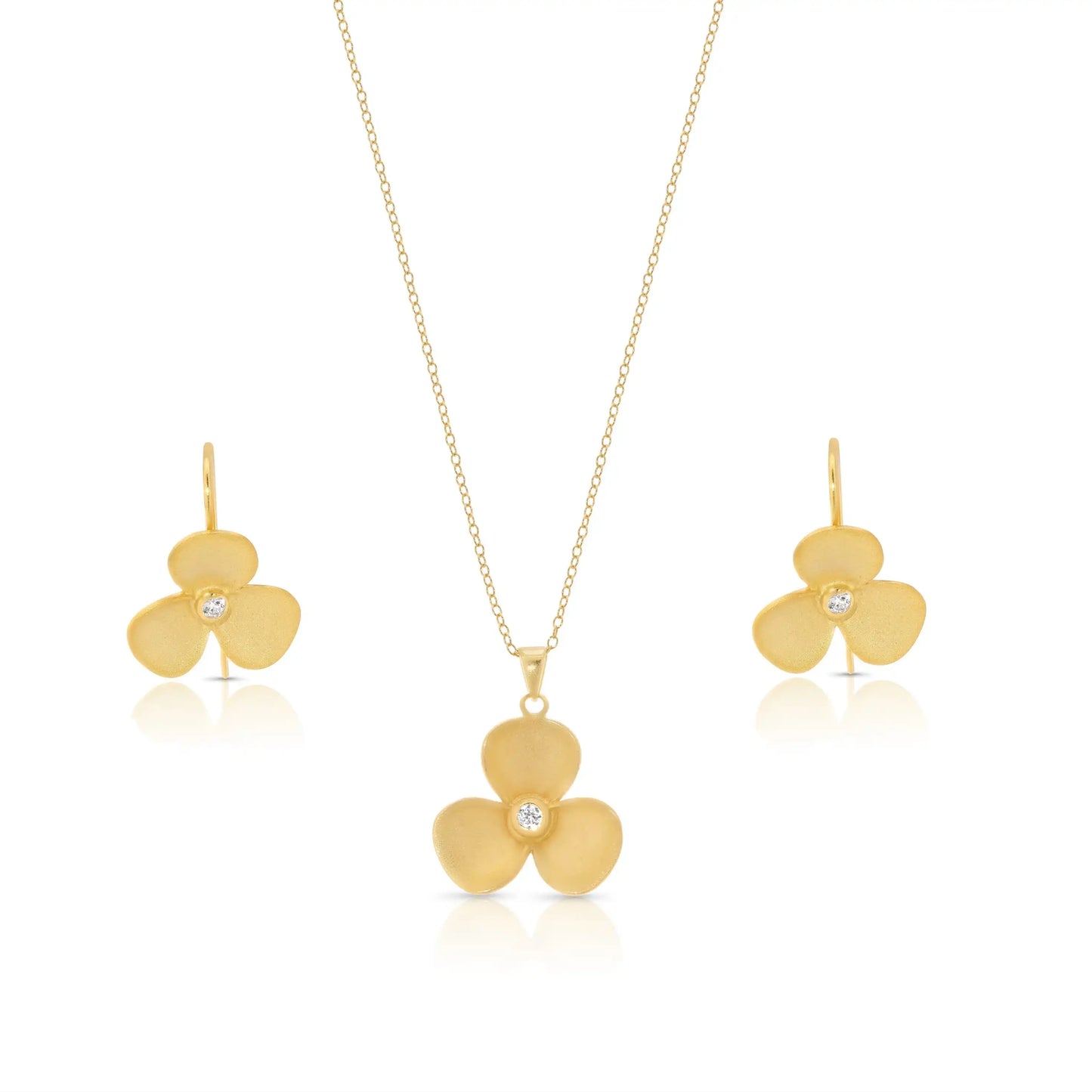 925 Sterling Silver Clearance Gold Plated Flower CZ Hook Earring and Necklace Set