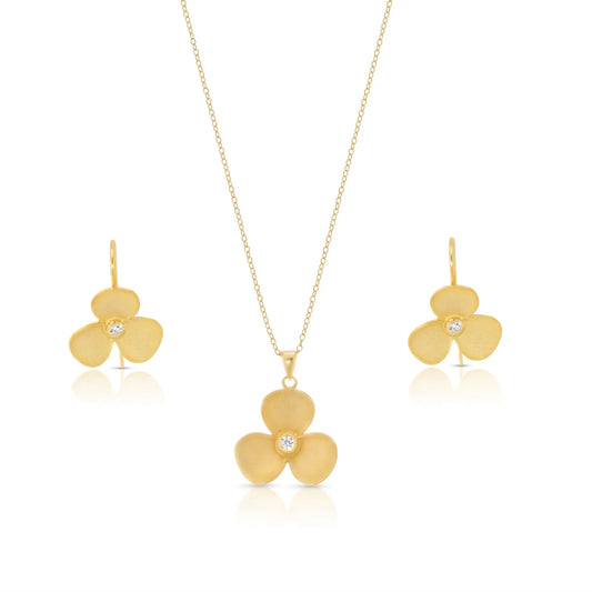 925 Sterling Silver Clearance Gold Plated Flower CZ Hook Earring and Necklace Set