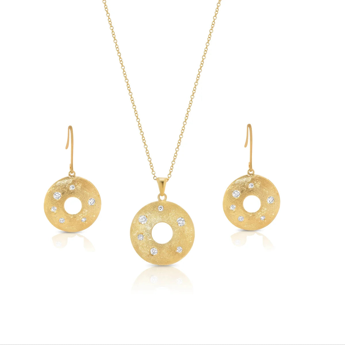 925 Silver Clearance-Gold Plated CZ Disc Earring and Necklace Set