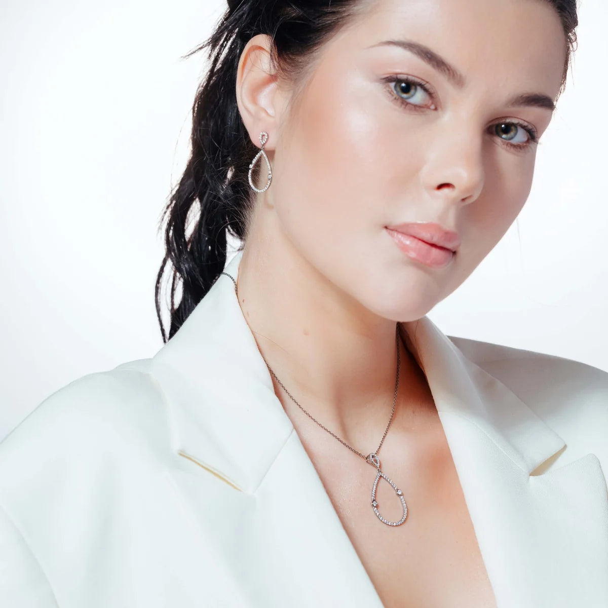925 Silver Clearance-Rhodium Plated Open Teardrop CZ Dangling Stud Earring and Necklace Set