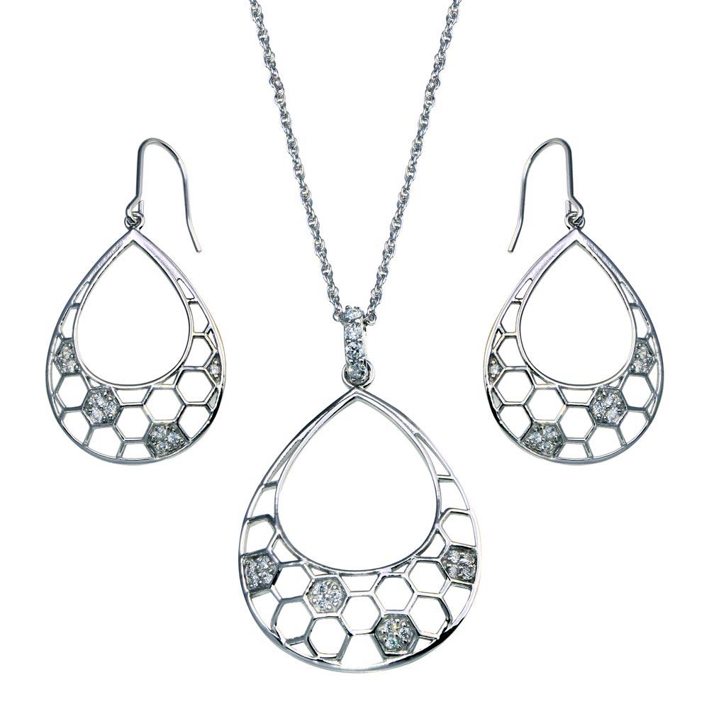 925 Silver Clearance-Rhodium Plated Open Teardrop CZ Dangling Hook Earring and Necklace Set