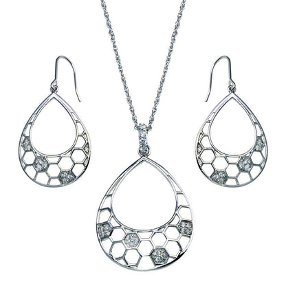 925 Silver Clearance-Rhodium Plated Open Teardrop CZ Dangling Hook Earring and Necklace Set