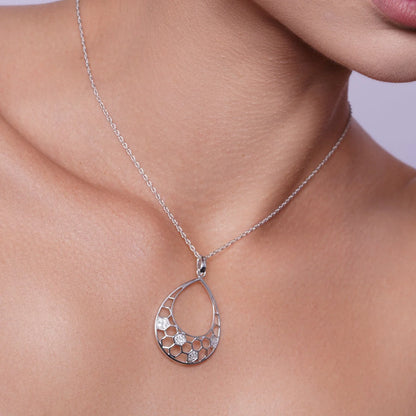 925 Silver Clearance-Rhodium Plated Open Teardrop CZ Dangling Hook Earring and Necklace Set