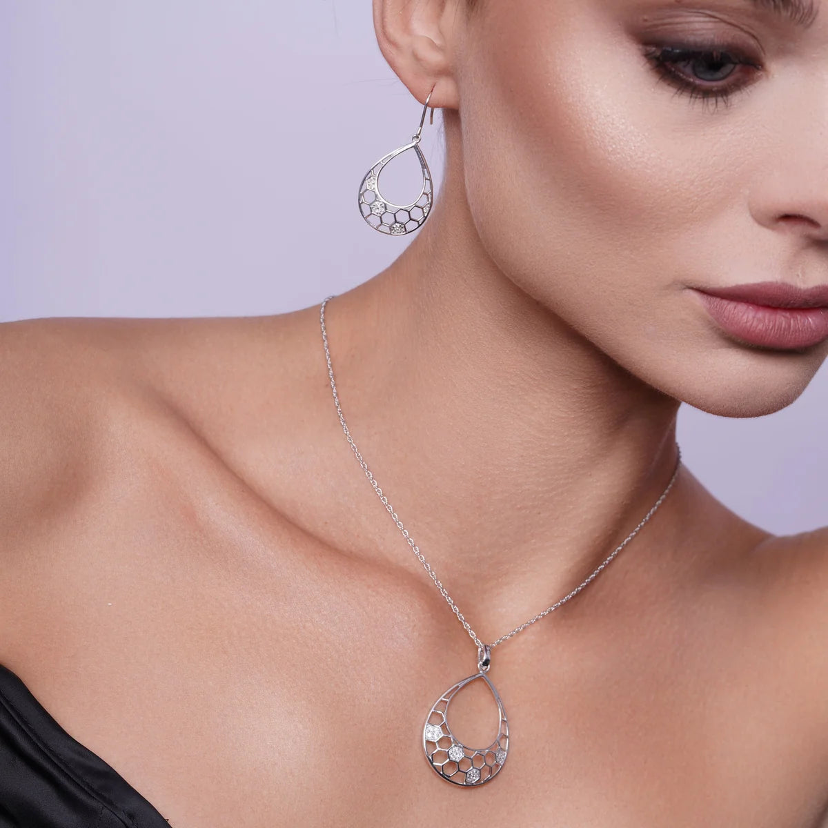 925 Silver Clearance-Rhodium Plated Open Teardrop CZ Dangling Hook Earring and Necklace Set
