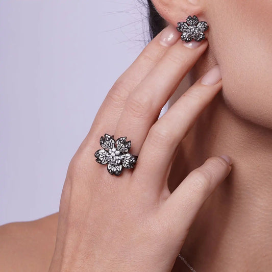 925 Sterling Silver Clearance Black Rhodium Plated White Enamel Pave Set Clear CZ Flower Ring