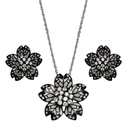 925 Silver Clearance-Black Rhodium Plated Flower White Enamel CZ Set