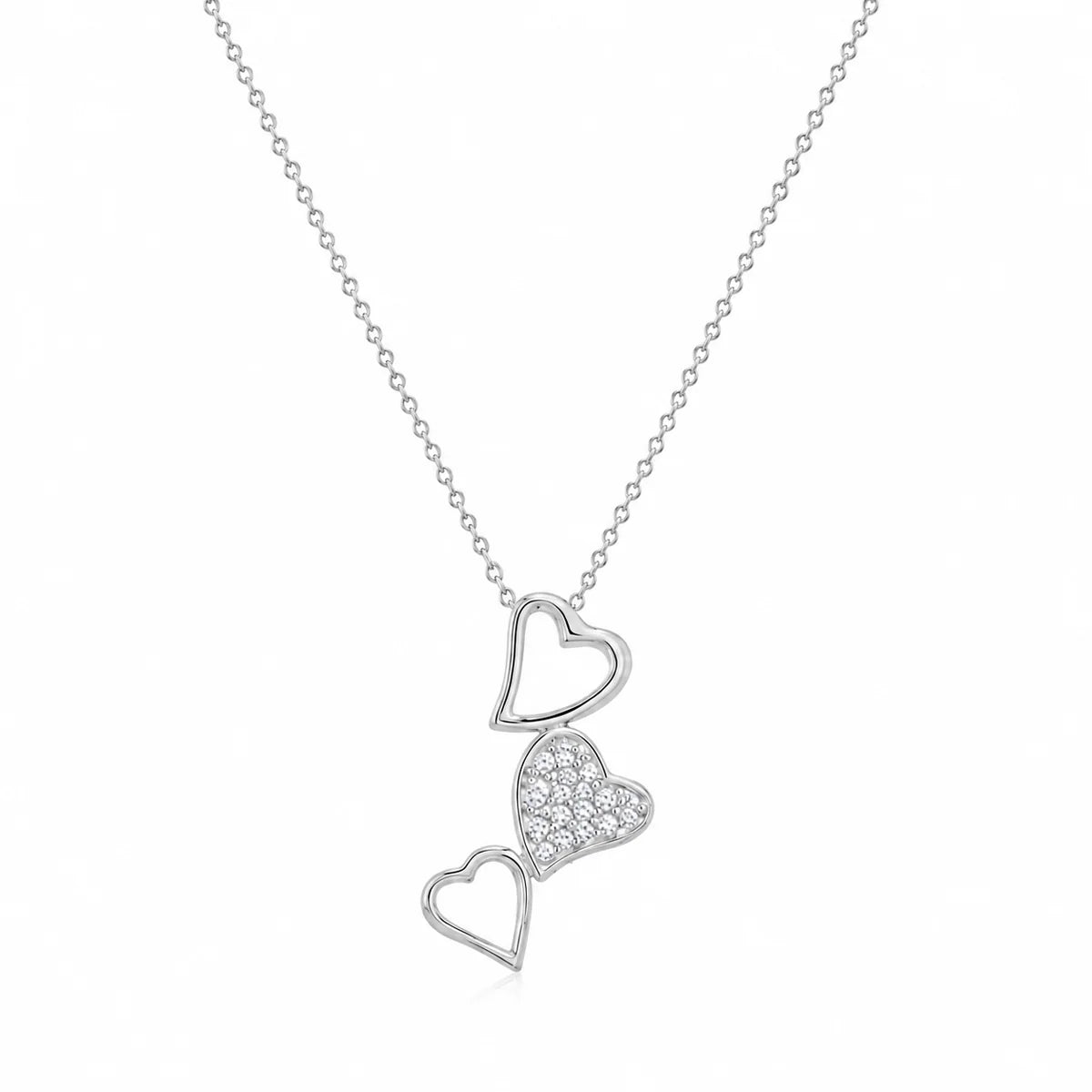 925 Silver Rhodium Plated Triple Stacked CZ Heart Dangling Stud Earring and Necklace Set