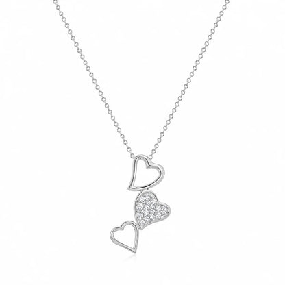 925 Silver Rhodium Plated Triple Stacked CZ Heart Dangling Stud Earring and Necklace Set