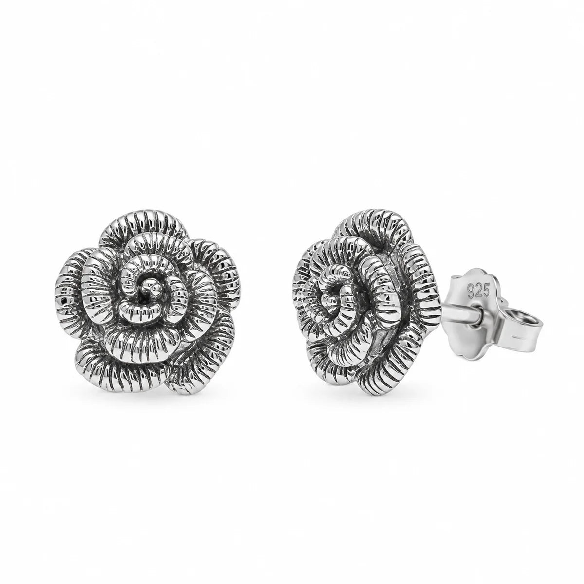 925 Sterling Silver Rhodium Plated Rosset Flower CZ Stud Earring and Necklace Set