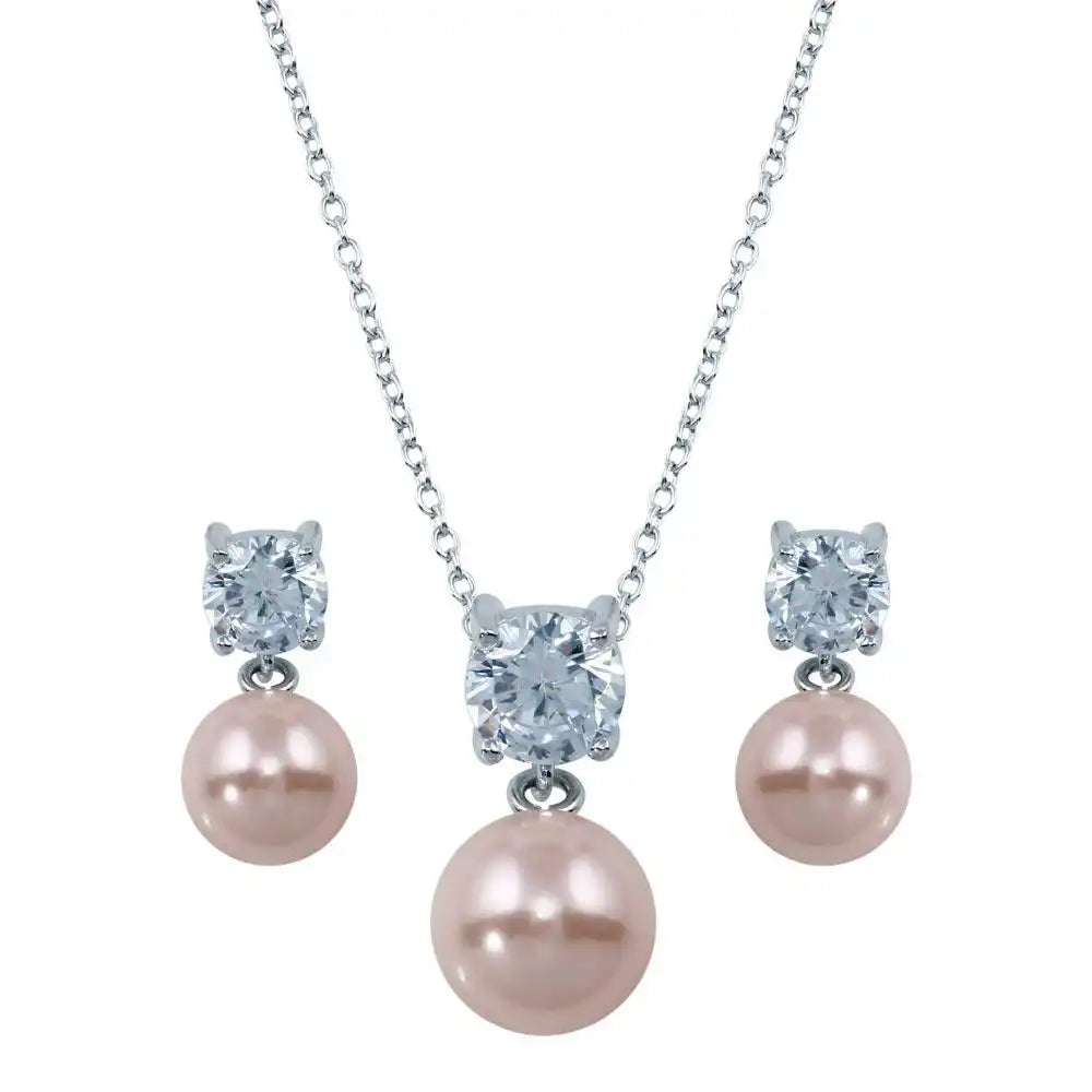 925 Sterling Silver Rhodium Plated Pink Pearl Dangling Stud Earring and Necklace Set