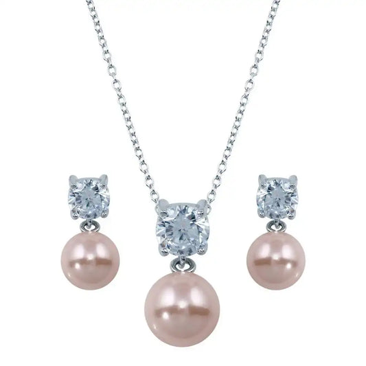 925 Sterling Silver Rhodium Plated Pink Pearl Dangling Stud Earring and Necklace Set