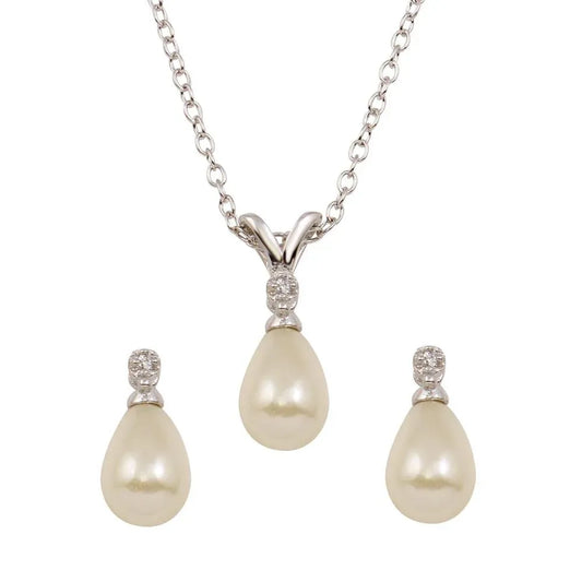 925 Sterling Silver Rhodium Plated Tear Drop Pear Earrings and Necklace set with CZ