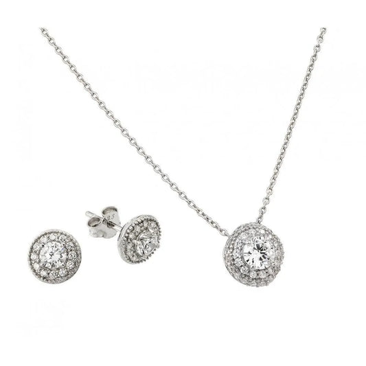 925 Sterling Silver Rhodium Plated Round CZ Stud Earring and Necklace Set