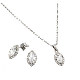 925 Silver Rhodium Plated Marquis CZ Stud Earring and Necklace Set