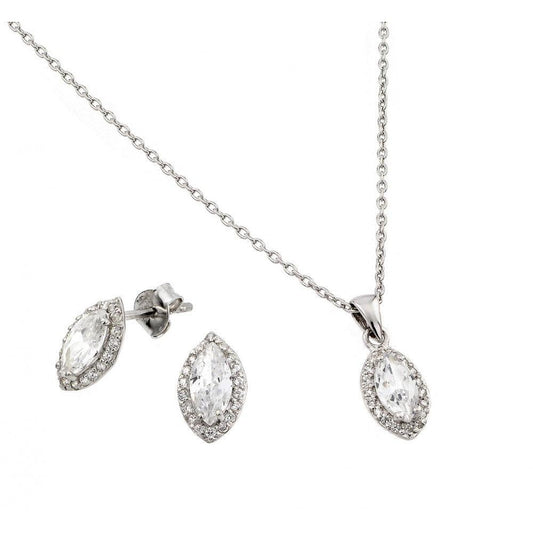 925 Silver Rhodium Plated Marquis CZ Stud Earring and Necklace Set