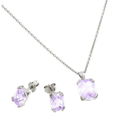 925 Sterling Silver Rhodium Plated Birthstone CZ Stud Earring and Necklace Set
