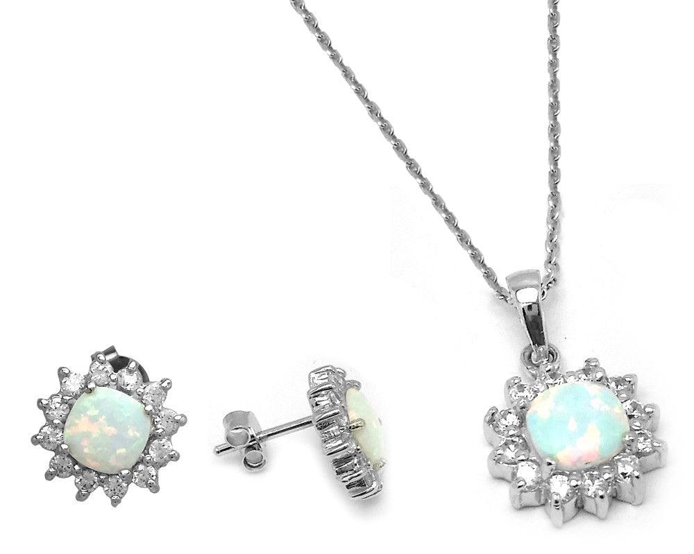 925 Silver Rhodium Plated Opal Sun CZ Stud Earring and Necklace Set
