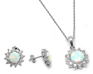 925 Silver Rhodium Plated Opal Sun CZ Stud Earring and Necklace Set