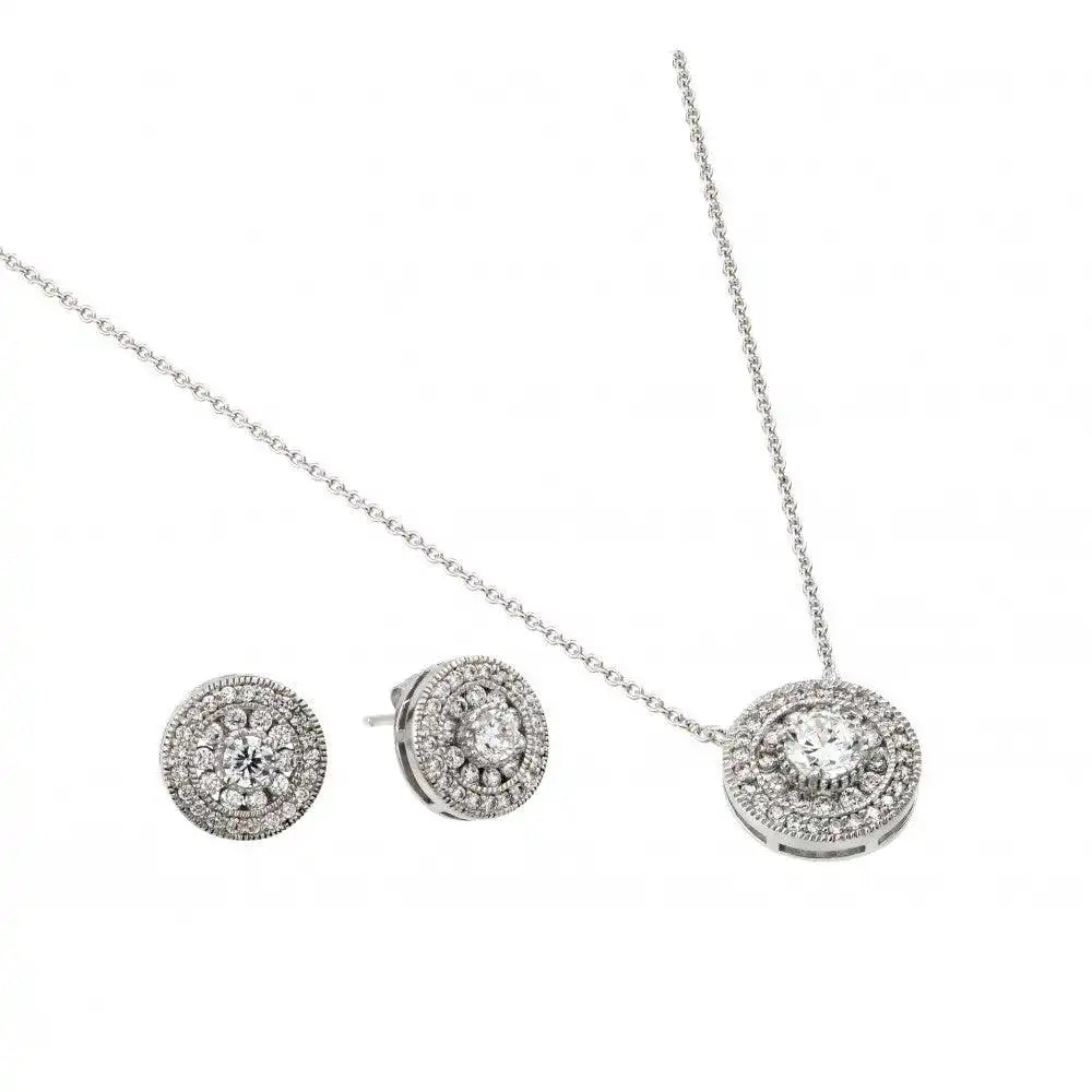 925 Sterling Silver Rhodium Plated Round CZ Stud Earring and Necklace Set