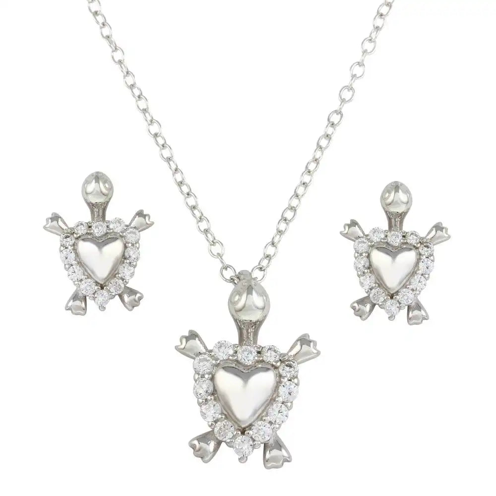 925 Sterling Silver Rhodium Plated Turtle with Heart Shell and CZ