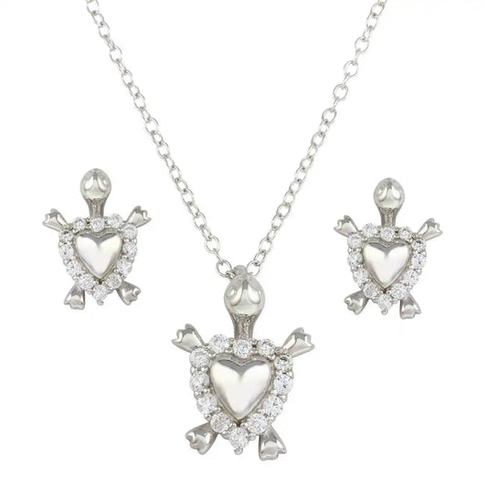 925 Sterling Silver Rhodium Plated Turtle with Heart Shell and CZ