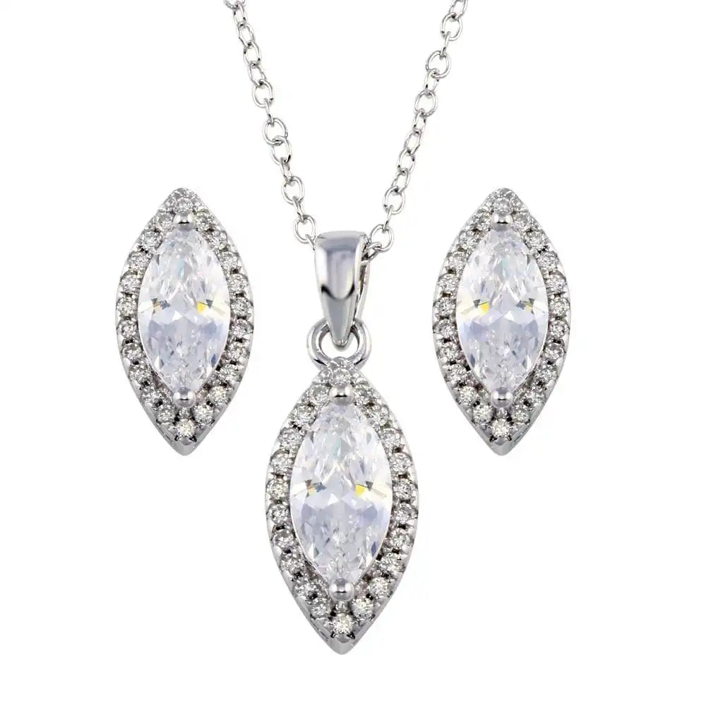 925 Sterling Silver Rhodium Plated Clear CZ Marquise Shape CZ Set