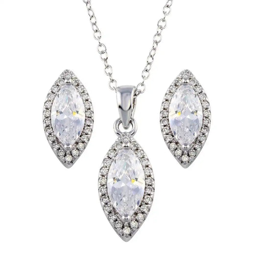 925 Sterling Silver Rhodium Plated Clear CZ Marquise Shape CZ Set