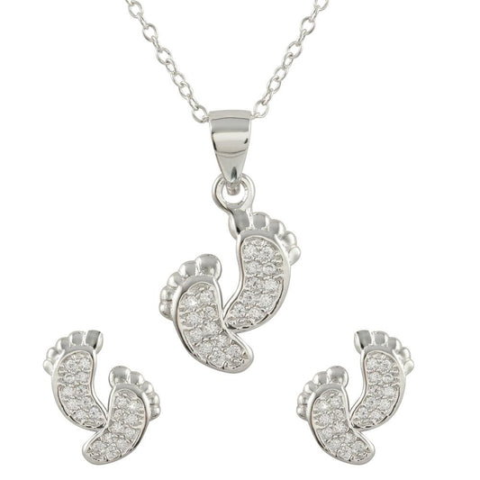 925 Sterling Silver Rhodium Plated Feet Earrings and Necklace Set