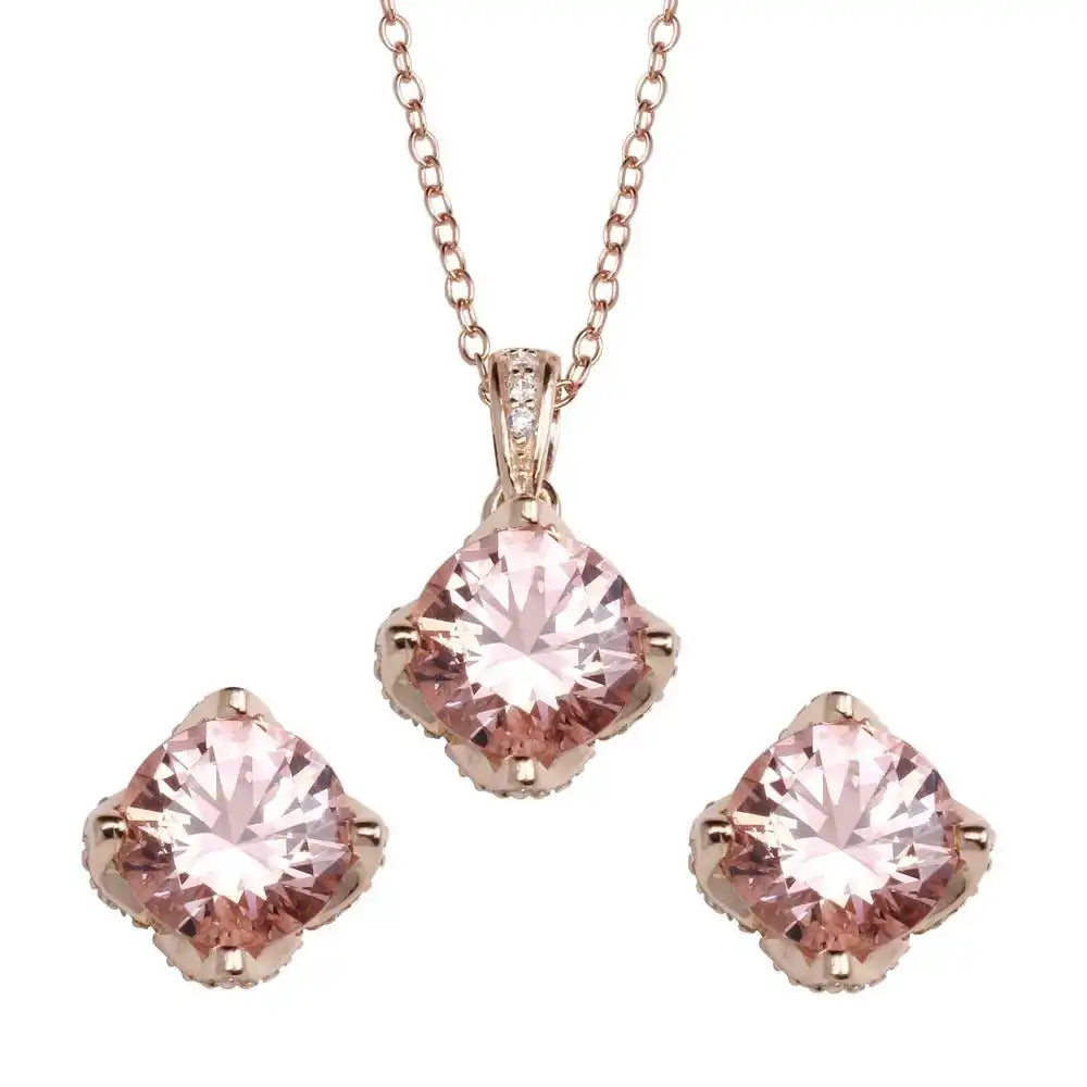 925 Sterling Silver Rose Gold Plated Pink CZ Stud Earrings and Pendant Necklace Set