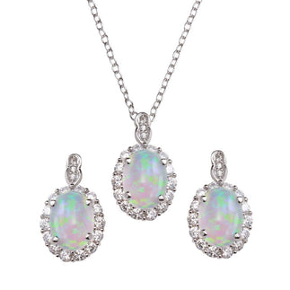 925 Sterling Silver Rhodium Plated Round Synthetic Opal Set with CZ