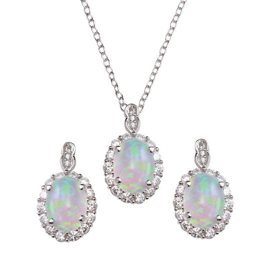 925 Sterling Silver Rhodium Plated Round Synthetic Opal Set with CZ