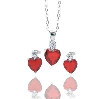 925 Rhodium Plated Silver Synthetic Ruby Red Heart Clear CZ Stud Earring and Necklace Set
