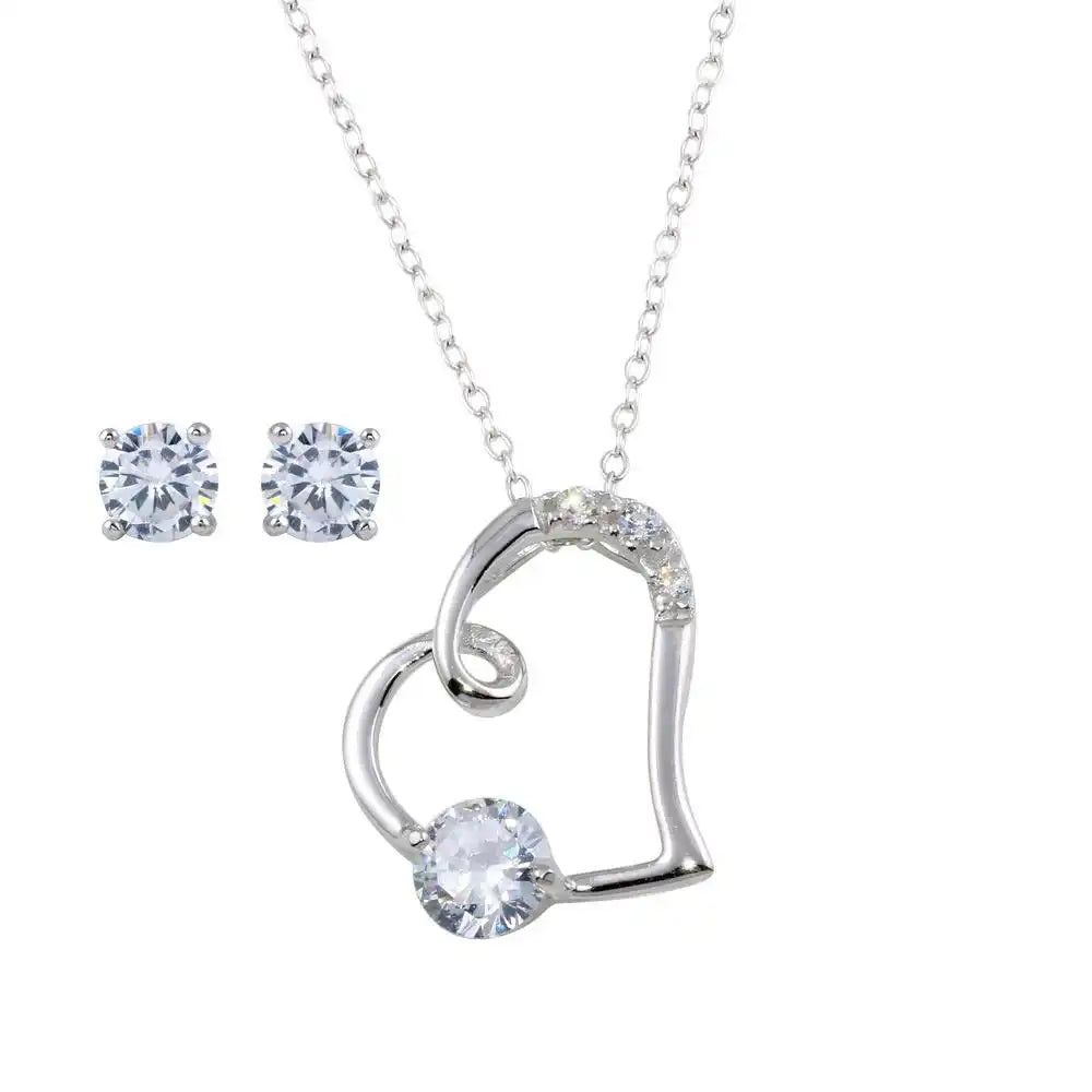 925 Sterling Silver Rhodium Plated Side way CZ Open Heart Set
