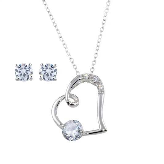 925 Sterling Silver Rhodium Plated Side way CZ Open Heart Set
